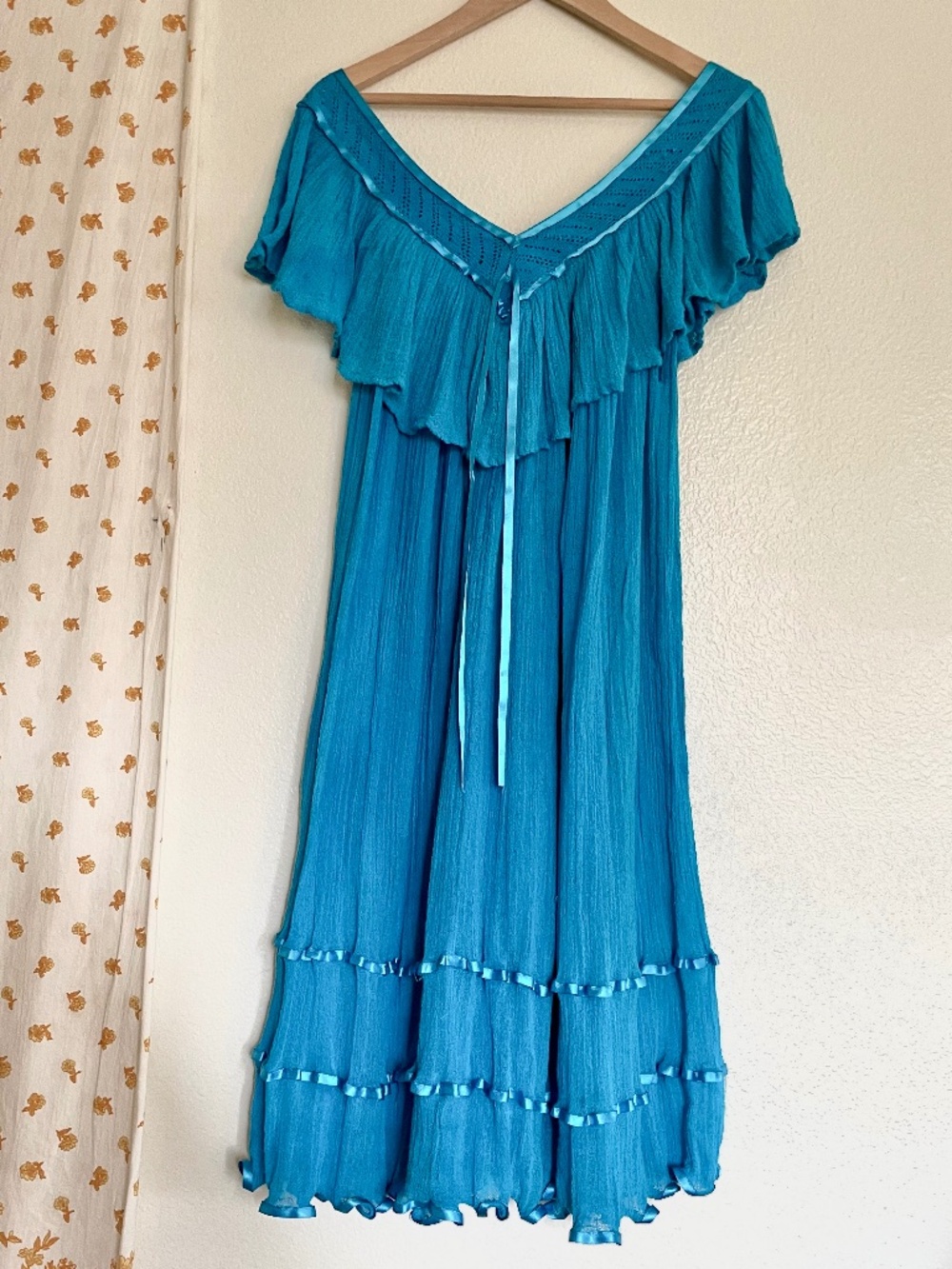 Vintage Blue Mexican Gauze Boho Peasant Dress XL 1X 2X